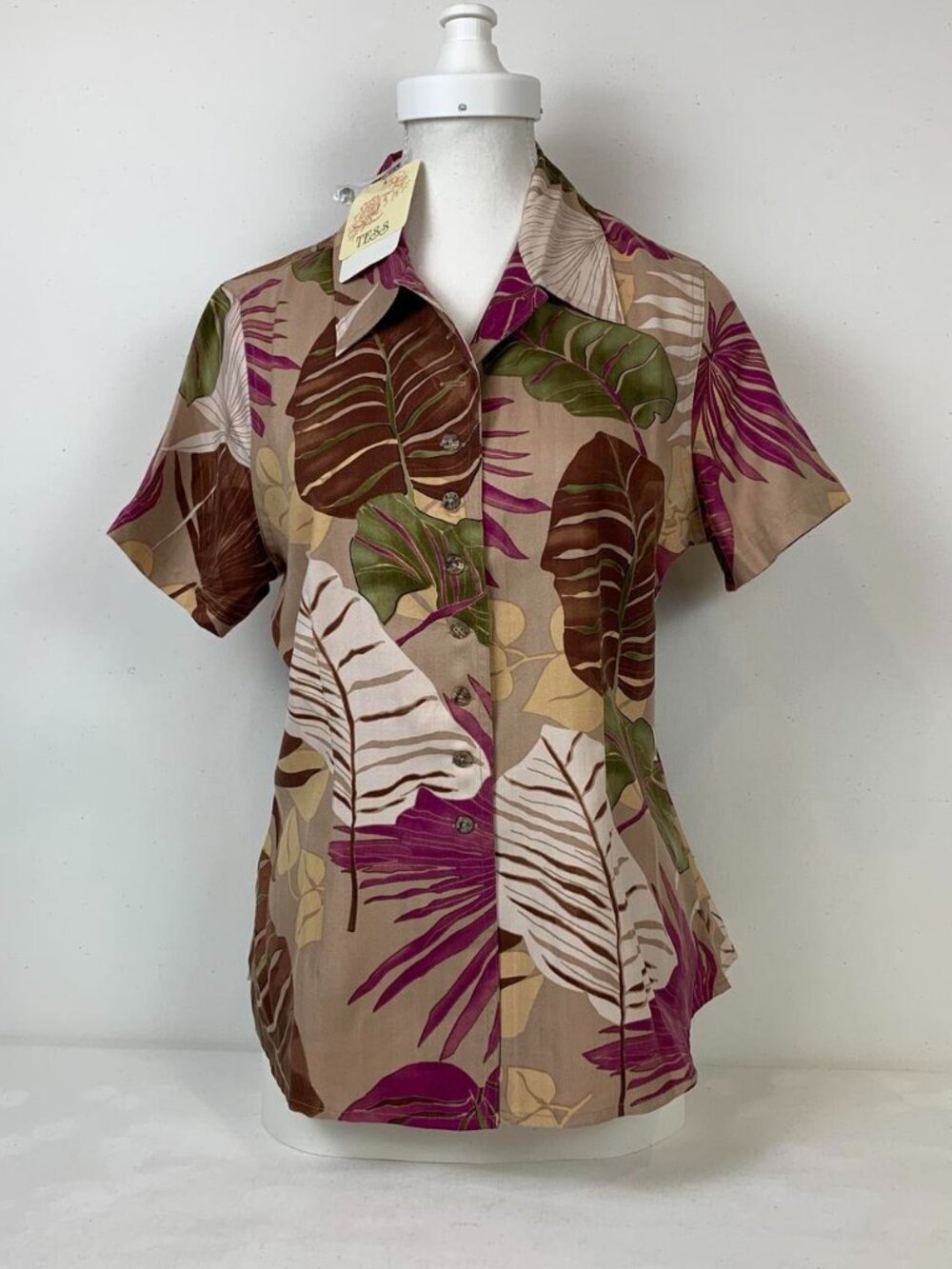TESS Vintage 100% Silk Short-Sleeve Button-Up Shirt in Purple & Brown Leaf Print